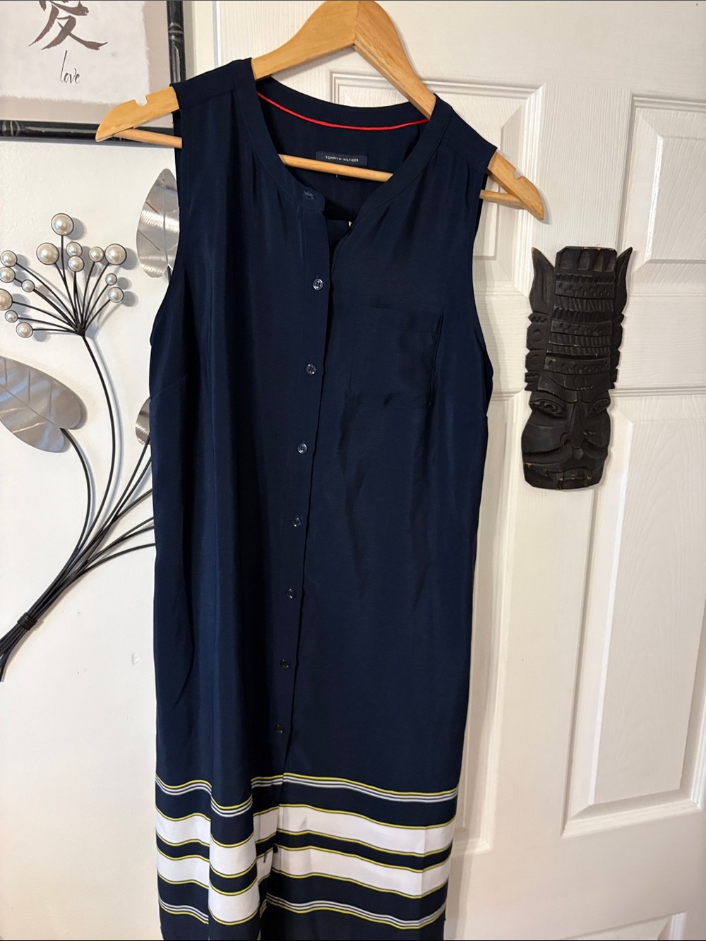 Tommy Hilfiger Navy Sleeveless Button-Front Midi Dress with Striped Hem